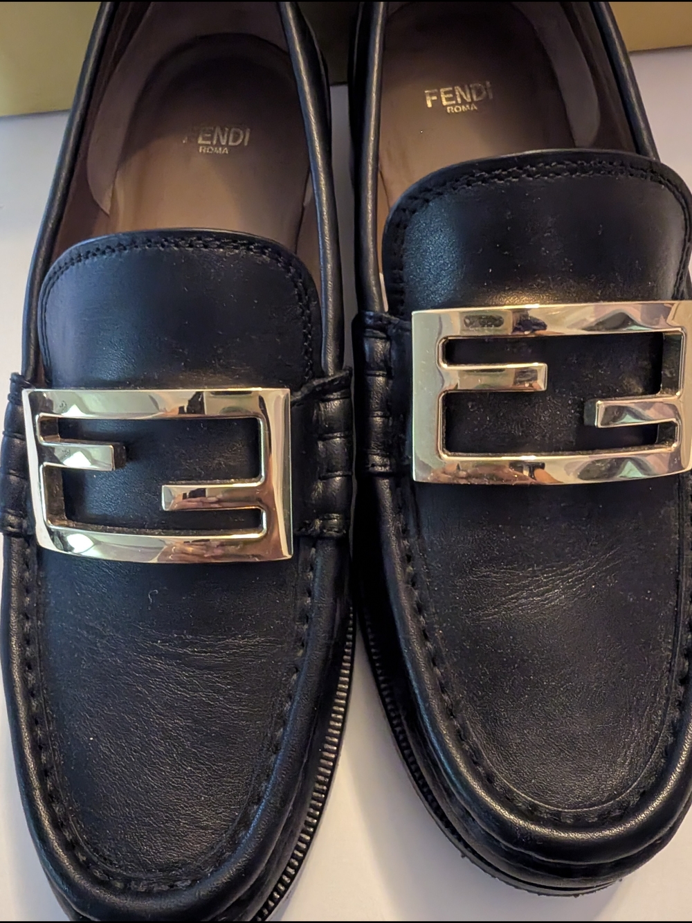 Fendi Black Leather Women’s Loafers with Gold F-Logo Buckle